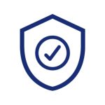 Verified security shield icon: blue shield with a checkmark inside a circle, indicating trusted status
